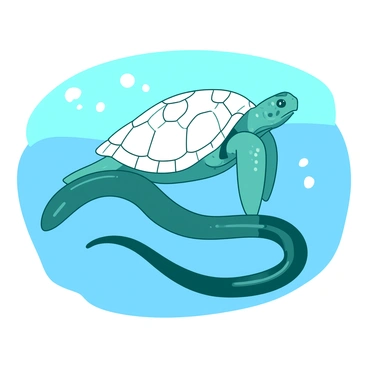 A teal eel is swimming gracefully alongside a large, white sea turtle. The turtle glides through the water, its shell adorned with intricate patterns. The eel twists and curls around the turtle, their movements synchronized as they navigate through the vibrant ocean. Soft sunlight filters down from the surface, illuminating the scene and highlighting the textures of the turtle's skin and the smooth, slick body of the eel. Both creatures appear calm and serene in their underwater environment.