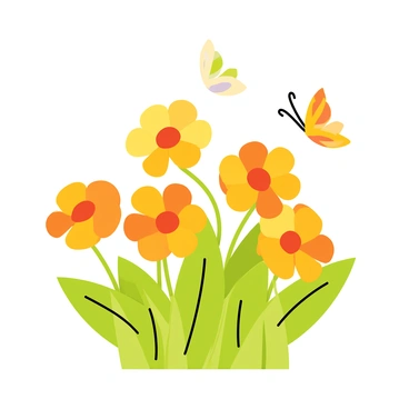 A small patch of "calendula flowers" with vibrant orange and yellow petals is blooming. The flowers are surrounded by lush green leaves, creating a rich contrast. Sunlight is casting a warm glow over the petals, enhancing their brightness and creating soft shadows on the ground. A few delicate butterflies with colorful wings are fluttering around the flowers, adding a lively touch to the scene.