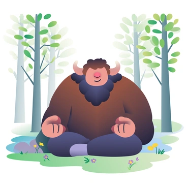 A large bison with a thick, dark brown shaggy coat is sitting peacefully in a forest clearing. Its massive frame is relaxed, with its legs tucked underneath it in a meditative pose. Surrounding the bison are tall, slender trees with green leaves filtering the sunlight, casting dappled shadows on the ground. Wildflowers in shades of purple and yellow dot the grass around the bison. In the background, a small stream can be seen gently flowing, with the sounds of water adding to the tranquil atmosphere.