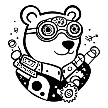 A bear's head featured prominently in a steampunk design, adorned with intricate gears and cogs embedded within the fur. The head is equipped with large, round goggles resting above the brow, showcasing detailed lenses and metal frames. Surrounding the bear's head are various steampunk elements such as pipes and valves, integrating into the overall design. The background includes faint outlines of machinery and clockwork components, enhancing the steampunk theme.