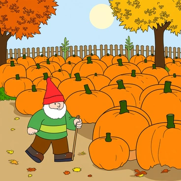 A small nisse with a bright red cap and a white beard is exploring a pumpkin patch filled with various sizes of orange pumpkins. The nisse is wearing a green tunic and brown pants, holding a tiny wooden walking stick. Surrounding him are vibrant orange, yellow, and brown leaves scattered across the ground. The sun is shining through the trees, casting playful shadows on the ground. In the background, there are wooden fences and a few tall cornstalks peeking above the pumpkins. The nisse has a curious expression as he examines a particularly large pumpkin nearby.
