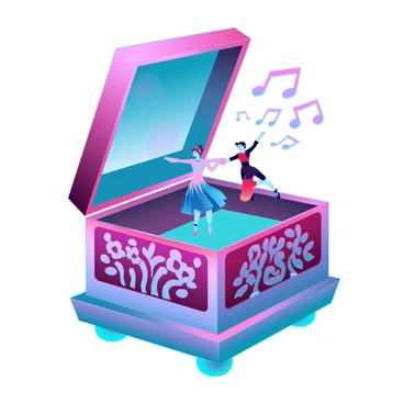 A small music box with polished wood, featuring intricate carvings of floral patterns and geometric designs. The box is open, revealing a delicate mechanism inside, with tiny dancers dressed in colorful costumes twirling gracefully. The dancers are positioned on a mirrored base that reflects their movements, and a gentle light illuminates the scene, highlighting the craftsmanship of the music box. The melody is represented by musical notes that seem to float above the box, capturing the enchanting atmosphere of the moment.