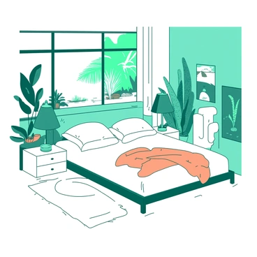 A duotone illustration of a bedroom designed like a spa retreat. The room features a large white bed with soft, fluffy pillows and a light orange throw blanket draped across the foot. On either side of the bed, there are sleek white nightstands topped with teal lamps providing a warm glow. A large window allows natural light to flood the space, with sheer white curtains gently billowing in the breeze. Indoor plants in varying sizes are placed strategically around the room, including a tall palm in one corner and smaller potted plants on the windowsill. The walls are painted in a soothing mix of teal and white, creating a tranquil ambiance. A plush white rug covers the floor, adding comfort and warmth to the space.