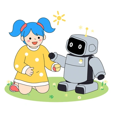 A cute cartoon girl with bright blue hair styled in pigtails, wearing a yellow dress with white polka dots. She has big, expressive eyes and a joyful smile as she kneels on the grass. Next to her is a friendly robot companion with a shiny silver body, large round eyes, and a cheerful face. The robot has short arms and legs, and it is extending one arm towards the girl, as if offering her a small colorful ball. The scene is filled with a few flowers around them and a sunny sky above, creating a playful atmosphere.