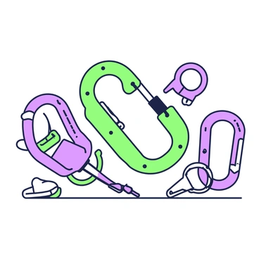 A collection of various carabiners arranged on a flat surface. There are carabiners in different shapes, including oval, D-shaped, and keychain styles. Each carabiner has a distinct design, featuring intricate locking mechanisms and ergonomic grips. The arrangement showcases the unique features of each carabiner, such as their hooks and gates, highlighting their functionality. The surface beneath the carabiners is smooth, emphasizing the variety and characteristics of these climbing accessories.