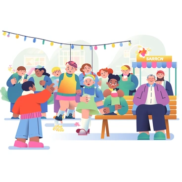 A marionette show is taking place in a bustling town square filled with onlookers. The marionettes are crafted with intricate details, featuring vibrant colors and expressive faces, performing lifelike movements that capture the attention of the audience. Spectators of various ages are gathered around, some are sitting on wooden benches while others stand, their eyes wide with fascination. In the background, festive decorations and string lights create a lively atmosphere, and nearby, a vendor sells popcorn, adding to the scene's charm. A small child in a bright red jacket is pointing excitedly at one of the marionettes, while an elderly couple shares a smile as they enjoy the performance.