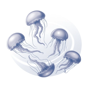 A group of jellyfish gracefully moving through the ocean currents. Their bodies are semi-transparent, with flowing tentacles trailing behind them. The jellyfish vary in size, some larger and others smaller, creating a dynamic composition. Light filters through the water, illuminating their forms and casting soft shadows on the ocean floor. The background features softly swirling currents, enhancing the fluidity of their movements.