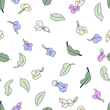 A repeating pattern featuring various leaf shapes intertwined with delicate flowers. The leaves are in soft shades of green, while the flowers are in muted tones of pink, lavender, and cream. Each element is spaced evenly and creates a harmonious flow throughout the design. The overall arrangement gives a sense of rhythm and continuity across the surface.