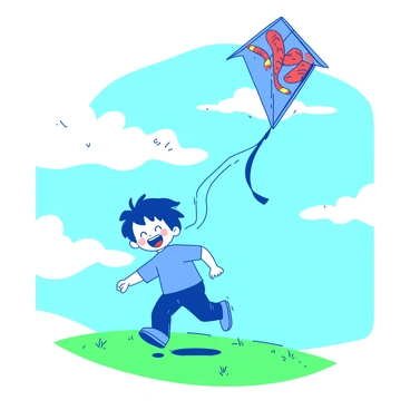 A blue child with short hair is running joyfully across a green field, holding a vibrant kite soaring in the sky. The kite is adorned with various colors, including red and yellow patterns. The child's face is lit up with excitement, and wispy clouds can be seen in the bright blue sky overhead. The gentle breeze is causing the grass to sway slightly, emphasizing the windy day as the child laughs freely.