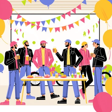 A decorated garage filled with vibrant balloons and colorful streamers. Several bikers wearing leather jackets and helmets are gathered, laughing and chatting. One biker is holding a beer bottle while raising it in a toast. A large banner hangs from the ceiling that reads "Happy Birthday!" in bold letters. Tables are set up with plates of snacks and drinks scattered around. The floor is cluttered with motorcycle gear and a couple of bikes are parked in the background, adding to the lively atmosphere.