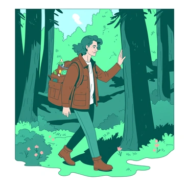 A teal ex-adventurer wearing a weathered brown leather jacket is walking slowly through a dense, green forest. Sunlight filters through the tall trees, casting dappled shadows on the ground. The adventurer has a thoughtful expression, with a slight smile, as they pause occasionally to touch the rough bark of a tree. Around them, various shades of green foliage create a vibrant backdrop, while small colorful flowers peek through the underbrush. The adventurer carries a worn canvas backpack filled with mementos from their past adventures, hinting at a life well-lived in exploration.