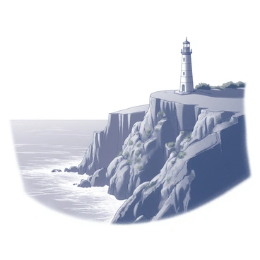 Dramatic cliffs rise sharply from the coastline, their rugged surfaces etched by the relentless waves below. Atop one of the cliffs stands a tall lighthouse, its structure rising prominently against the sky. The lighthouse features a traditional design with a circular tower and a lantern room at the top. The surrounding area is dotted with sparse vegetation, adding texture to the landscape. The sea crashes against the base of the cliffs, creating a dynamic scene of water and rock interaction. The horizon is expansive, where the sky meets the ocean, completing the coastal view.