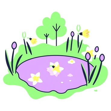 A pond is surrounded by green grass and flower buds. In the foreground, there are several "daffodils" with their bright yellow petals and green stems. The "daffodils" are reflected in the calm surface of the water. The water shows a mirror-like image of the "daffodils," and small ripples create subtle disturbances in the reflection. In the background, there are a few trees with green foliage, partially obscured by the gentle breeze.