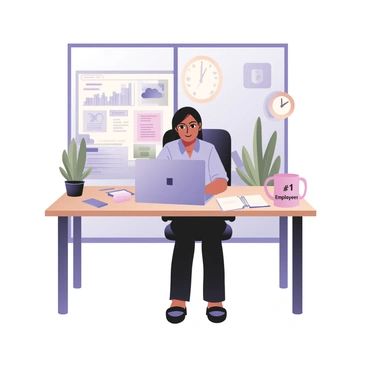 A tech company office worker is sitting at a modern desk in a well-lit office. The worker is a woman with medium skin and long black hair, wearing a light blue blouse and black trousers. She is focused on her laptop, which displays graphs and figures related to cloud service charges. On the desk, there are office supplies like a notepad, a pen, and a mug with a “#1 Employee” label. A wall clock is visible behind her, showing the time as 3:30 PM. There are potted plants in the background, adding a touch of greenery to the workspace. The office has large windows that let in natural light, illuminating the scene.