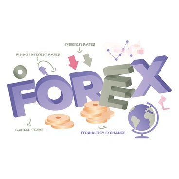 A digital flat illustration featuring a large, central symbol representing "Forex" in bold blue letters. Surrounding the symbol are various icons representing economic factors. To the left, an upward arrow signifies rising "interest rates" in green, while a downward arrow nearby represents falling "interest rates" in red. Below, there are stacked coins in gold, symbolizing "currency exchange." To the right, a globe illustration highlights "global trade" connections with thin lines, and a small chart in the background depicts fluctuating trends. Each element is clearly labeled with descriptive text, contributing to a cohesive visual representation of the economic factors affecting Forex.