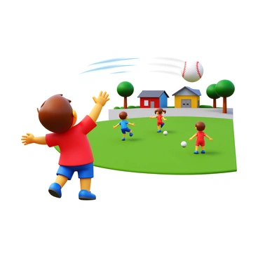 A child reaching for a baseball that flies past them during a neighborhood game.