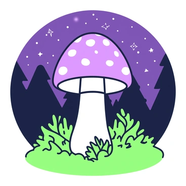 A glowing mushroom stands prominently on the forest floor. Its cap emits a gentle light, casting a soft glow that illuminates the surrounding area. The mushroom has a textured surface, with a slightly raised, smooth cap and a sturdy stem. Tiny, delicate ferns and moss grow around its base, subtly highlighted by the light. Above, a starry night sky is visible, filled with a multitude of stars twinkling. The atmosphere is enhanced by the sight of shadows cast by the mushroom onto the forest floor, creating a serene and enchanting scene.