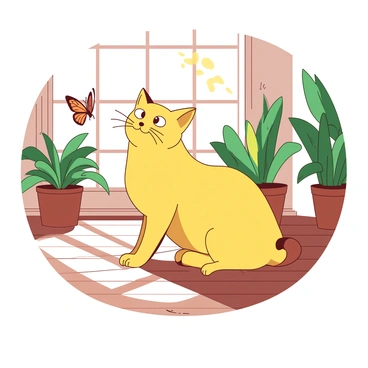 A yellow cat with wide eyes is sitting on a wooden floor, gazing intently at a butterfly with orange wings that hovers nearby. Sunlight streams through a large window, illuminating the cat's fur and casting soft shadows on the floor. A few potted plants are positioned in the background, adding to the vibrant atmosphere of the sunny room. The butterfly flutters gently, drawing the cat's full attention as it maintains a poised and curious stance.