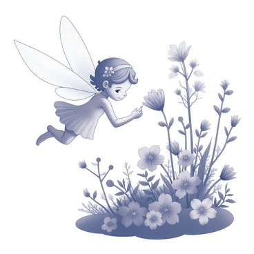 A tiny sprite with delicate, translucent wings is hovering near a cluster of vibrant flowers. The sprite has a petite frame and is adorned with natural elements like leaves and petals woven into its hair. It is gently reaching out with a slender finger to caress a flower, which is blooming with intricate details. Surrounding the sprite is a lush, overgrown garden filled with various plants and blossoms. Vines and foliage intertwine, creating a rich tapestry of textures and forms. The scene conveys a sense of tranquility and the delicate balance of nature.