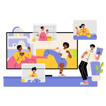 Friends in different cities watching the same movie simultaneously via video chat