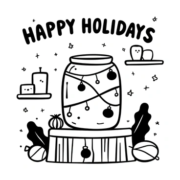 A large pickle jar decorated with twinkling lights wrapped around its neck and colorful ornaments hanging from the sides. The jar is placed on a rustic wooden table, surrounded by pine branches and a few scattered holiday ornaments. Small stars are scattered around the scene, creating a festive atmosphere. In the background, there are softly glowing candles positioned on a shelf, adding to the warm ambiance. The words "Happy Holidays" are displayed prominently above the pickle jar.