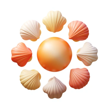 An assortment of seashells arranged in a circle. Each seashell showcases its own unique texture and pattern. Some shells are smooth and glossy, while others are rough and ridged. The colors of the shells range from pale beige to deep coral, with intricate designs on the surfaces. Light reflects off the shells, emphasizing their shapes and textures.