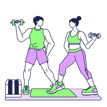 Two friends are standing side by side in a well-lit gym, each holding a dumbbell while performing concentration curls. The first friend has short hair and is wearing a sleeveless top along with athletic shorts, demonstrating focus as they lift the dumbbell towards their shoulder. The second friend, with longer hair tied back, is wearing a fitted tank top and leggings, encouraging the first friend with a supportive smile. They are both standing on a colorful exercise mat, and a set of weights is neatly arranged on a nearby rack. The scene captures a sense of camaraderie and determination in their workout.