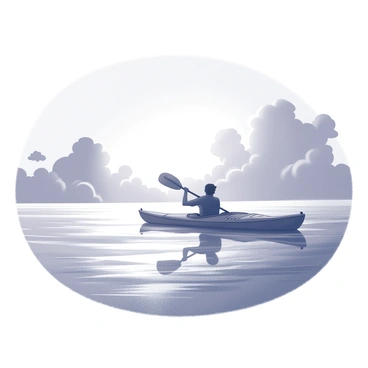 A lone kayaker is paddling on the surface of the ocean. The kayaker is positioned centrally in the image, showcasing their silhouette against the water. The ocean is calm, with gentle ripples reflecting the fading light. In the background, the sun is setting, creating a dramatic scene with rays emanating from behind clouds. The sky is filled with various shapes of clouds, and their forms add depth to the composition. The overall scene captures a moment of solitude and adventure on the water.