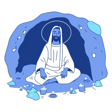 A saint with a serene expression is sitting cross-legged inside a cave illuminated by softly glowing crystals. The crystals are embedded in the cave walls, casting a gentle light that reflects off the surfaces. The saint is wearing a simple robe, and their hands are resting on their knees. Around the saint, there are small, flickering candles that add to the atmosphere. The cave's entrance reveals a hint of the outside world, contrasting with the calm interior.