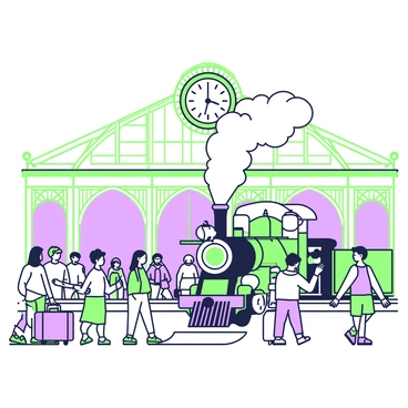 A vintage train station is bustling with travelers. Groups of people are standing on the platform, some chatting while others are looking at their watches. A large, ornate clock hangs above, showing the time. The architecture of the station features high ceilings with intricate details, large windows allowing natural light to stream in, and benches lining the platform. In the foreground, a steam engine is arriving, emitting clouds of steam and smoke. The locomotive is adorned with shiny metal accents and a classic design. Passengers are preparing to board, some rolling suitcases while others are holding tickets. The atmosphere is filled with anticipation and excitement.