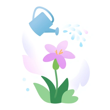 A single flower with vibrant petals is blooming in the center of the image. The flower has a tall, green stem and lush green leaves surrounding it. A small watering can, made of shiny metal, is positioned above the flower, pouring a gentle stream of water onto its petals. The water droplets appear to glisten as they fall, creating a refreshing atmosphere around the flower. The background features soft gradient pastel colors that enhance the delicate beauty of the scene.