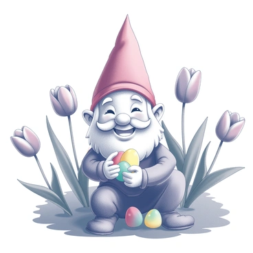 A cheerful garden gnome with a wide smile and a pointy red hat is crouched down among blooming tulips. The gnome is placing "colorful eggs" carefully in the lush green foliage. The tulips, with their distinct shapes, are in various stages of bloom, creating a vibrant floral arrangement around the gnome. The scene captures the playful act of hiding the eggs, with the gnome's hands engaged in the process and a sense of joy emanating from the character.