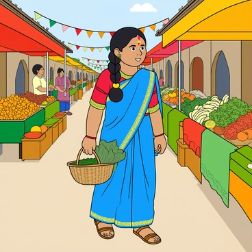 A traditional Indian girl with dark hair braided into two plaits, wearing a vibrant blue lehenga and a matching blouse adorned with intricate patterns. She has a delicate nose ring and is carrying a small woven basket filled with fresh fruits and vegetables. The bustling village market is filled with colorful stalls draped in bright fabrics, displaying an array of fresh produce like oranges, bananas, and green leafy vegetables. The background features villagers chatting and vendors enthusiastically selling their goods. Brightly colored banners flutter in the gentle breeze above the stalls.