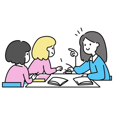 A school girl with long brown hair is sitting at a wooden study table. She is wearing a blue uniform with a white collar. Next to her are two friends, one with short black hair wearing a pink shirt, and the other with curly blonde hair in a green sweater. The table is cluttered with open notebooks, colorful textbooks, and a few pencils scattered around. The girl is smiling as she points at a notebook, while her friends look engaged, leaning forward to listen.