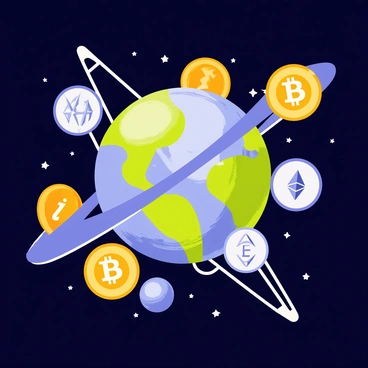 A large space station with a metallic structure and illuminated sections is orbiting a colorful planet with swirling patterns of blue and green. Surrounding the space station, there are several shiny, rotating cryptocurrency logos, each depicted in vibrant colors such as gold for Bitcoin, silver for Ethereum, and bronze for various altcoins. The background is filled with small stars twinkling against the vastness of space.