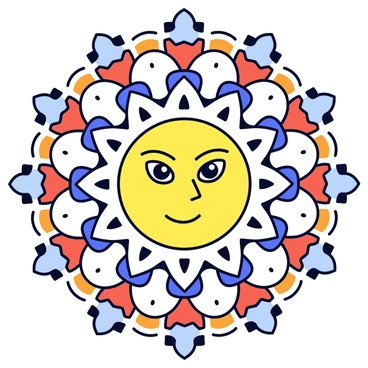 A symmetrical design featuring "Durga's face" in the center. The face has intricate details, with "intense eyes" and a calm expression. Surrounding the face, there is a "mandala" pattern that consists of various geometric shapes and floral motifs. The mandala features repeating elements that radiate outward, symbolizing "unity". Each layer of the mandala is carefully arranged with a balanced composition, enhancing the central image. The overall color palette is harmonious, with a blend of warm and cool tones that complement the central face.