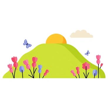 A serene landscape featuring a sponge atop a hill surrounded by flowers and butterflies.