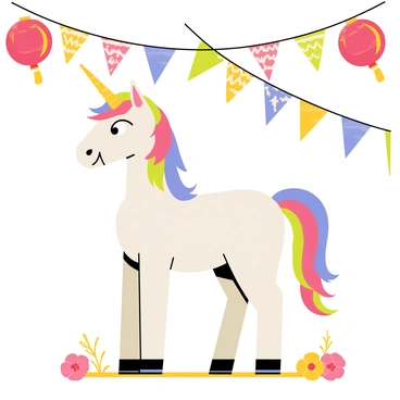 A unicorn with a shimmering white coat and a sparkling horn stands in the center of a lively festival. The background features a vibrant array of colorful lanterns hanging from strings, lighting up the scene with warm hues of red, blue, yellow, and green. Banners with festive patterns flutter in the gentle breeze above. The ground is adorned with a mix of flowers and decorations, enhancing the joyful atmosphere. The unicorn has a cheerful expression, with its mane flowing in pastel colors, harmonizing with the festive decorations around it.