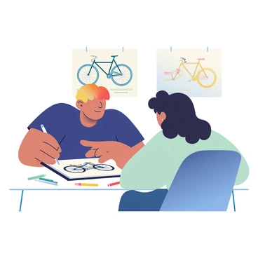 A designer with light brown hair is sitting at a sketch-desk, engaged in a discussion with a client. The designer is wearing a navy blue shirt and has a sketchpad open in front of them, displaying detailed drawings of a custom bicycle design. The client, a woman with curly black hair, is leaning forward, pointing at a specific section of the design. There are colored pencils and tools scattered across the desk, and a blueprint of the bicycle hangs on the wall behind them. The atmosphere is focused and creative, capturing the collaborative spirit of the design process.
