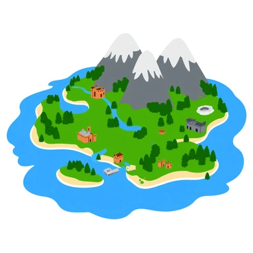 An intricately drawn map of a fantasy world displays a variety of geographical features. The map includes tall, jagged mountains with snow-capped peaks, represented in gray and white. Lush, green forests are spread throughout the landscape, featuring various tree shapes and clusters. Blue seas surround the land, with gentle waves depicted in lighter shades. Rivers meander through the valleys, connecting lakes that dot the terrain. The map is adorned with whimsical symbols indicating towns, castles, and landmarks, enhancing the sense of adventure within this imaginative realm.