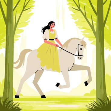 "Arwen" elegantly rides her "white horse" through a "sun-dappled forest". The horse has a flowing mane and strong legs, moving gracefully among the tall green trees. Sunlight filters through the leaves, creating patches of light on the forest floor. "Arwen" has long, flowing hair, wearing a beautiful gown that billows gently as she rides. The atmosphere is tranquil, with vibrant green foliage surrounding her and soft shadows playing on the ground.