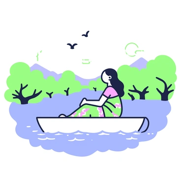 A Bengali girl is sitting on a ferry enjoying her ride on a calm river. She has long black hair flowing gently in the breeze. She is wearing a traditional colorful saree adorned with intricate patterns. The girl is gazing at the serene landscape around her, which features lush green trees lining the riverbanks. The water is gently rippling under the soft light of the sun. In the background, there are distant hills that provide a scenic backdrop to the peaceful setting. A few birds can be seen flying overhead, completing the tranquil atmosphere of the ferry ride.