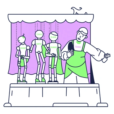 A puppet master is standing on a stage, focused on manipulating a set of marionettes. Each marionette is labeled with a different hormone name, clearly displayed on its body. The puppet master has a concentrated expression, holding strings that connect to the marionettes' limbs, allowing for precise movement. The backdrop features a simple curtain, adding depth to the scene. The floor is visible beneath the puppets, emphasizing their performances as they move in synchronized motions. The lighting casts gentle shadows, highlighting the intricate details of the marionettes and the careful control of the puppet master.