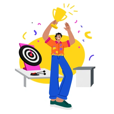 A dart player is standing proudly, holding a shiny gold trophy high above their head in a celebratory pose. The player has a broad smile on their face, showcasing their excitement. They are wearing a bright, colorful shirt decorated with dart-themed patterns, and they have short black hair. The background features a dartboard with a bullseye, and several darts scattered on a nearby table. The atmosphere is lively, with confetti raining down around them, adding to the festive mood.