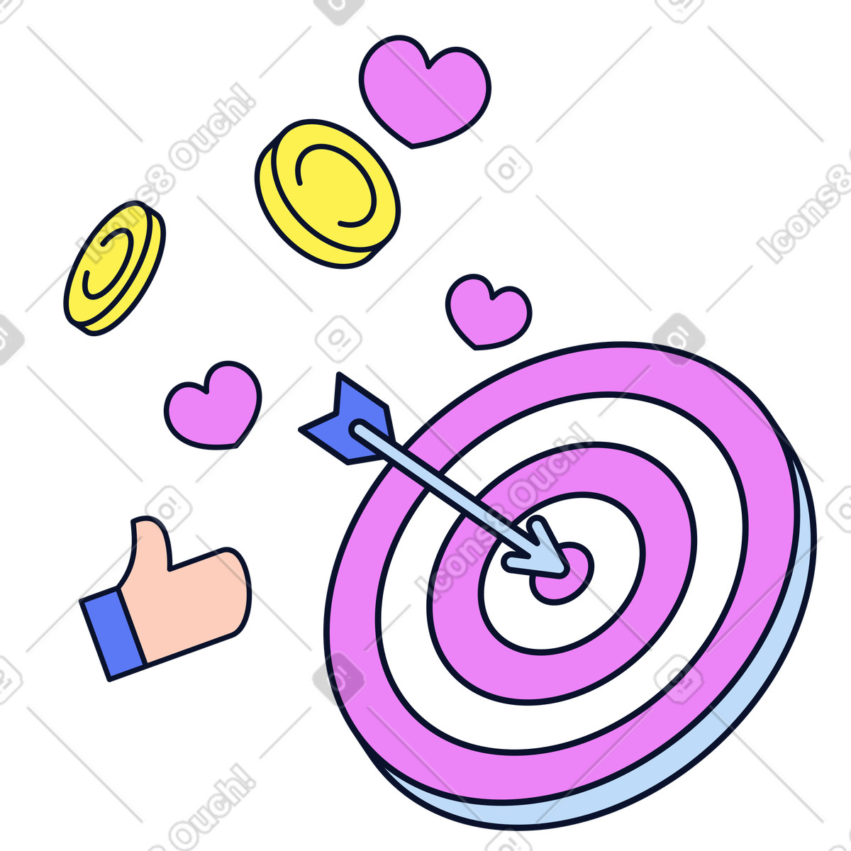 Ilustração de Bullseye with arrow and social media icons, Effective online audience targeting em no estilo Flexy para baixar em PNG, SVG