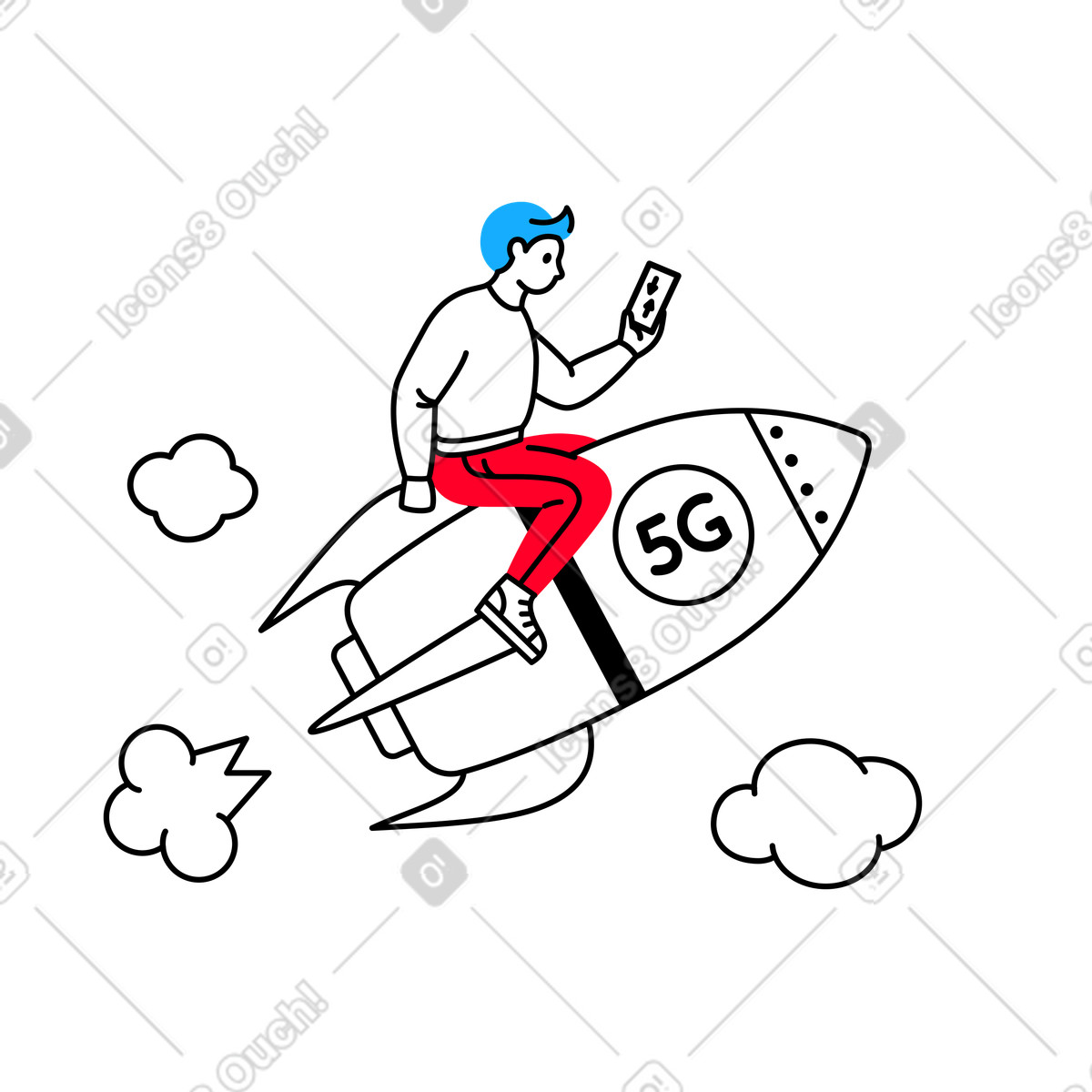 Transistor スタイルの 5g ロケットで飛んでいる携帯電話を持つ男 のイラストをPNG、SVG形式でダウンロード
