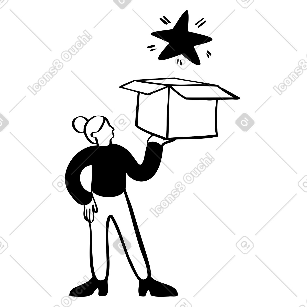 Ilustración Mujer desempaquetando una estrella sorpresa en estilo Journal a descargar en PNG y SVG