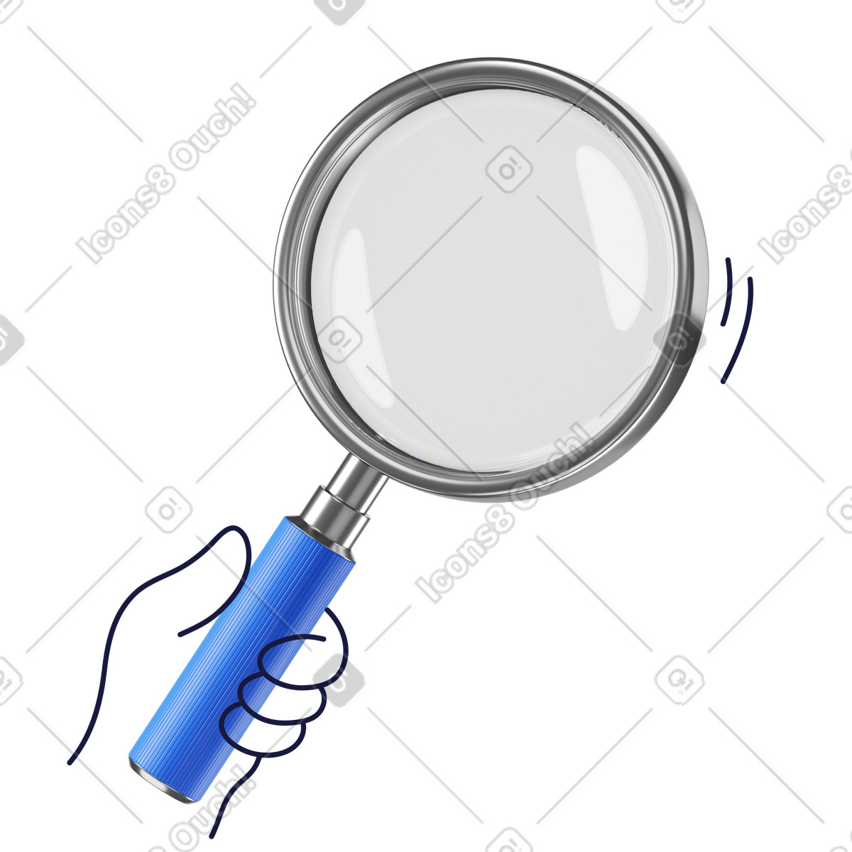 Ilustración Mano sosteniendo una lupa, símbolo de investigación y análisis. en estilo 3D Surfaced a descargar en PNG SVG