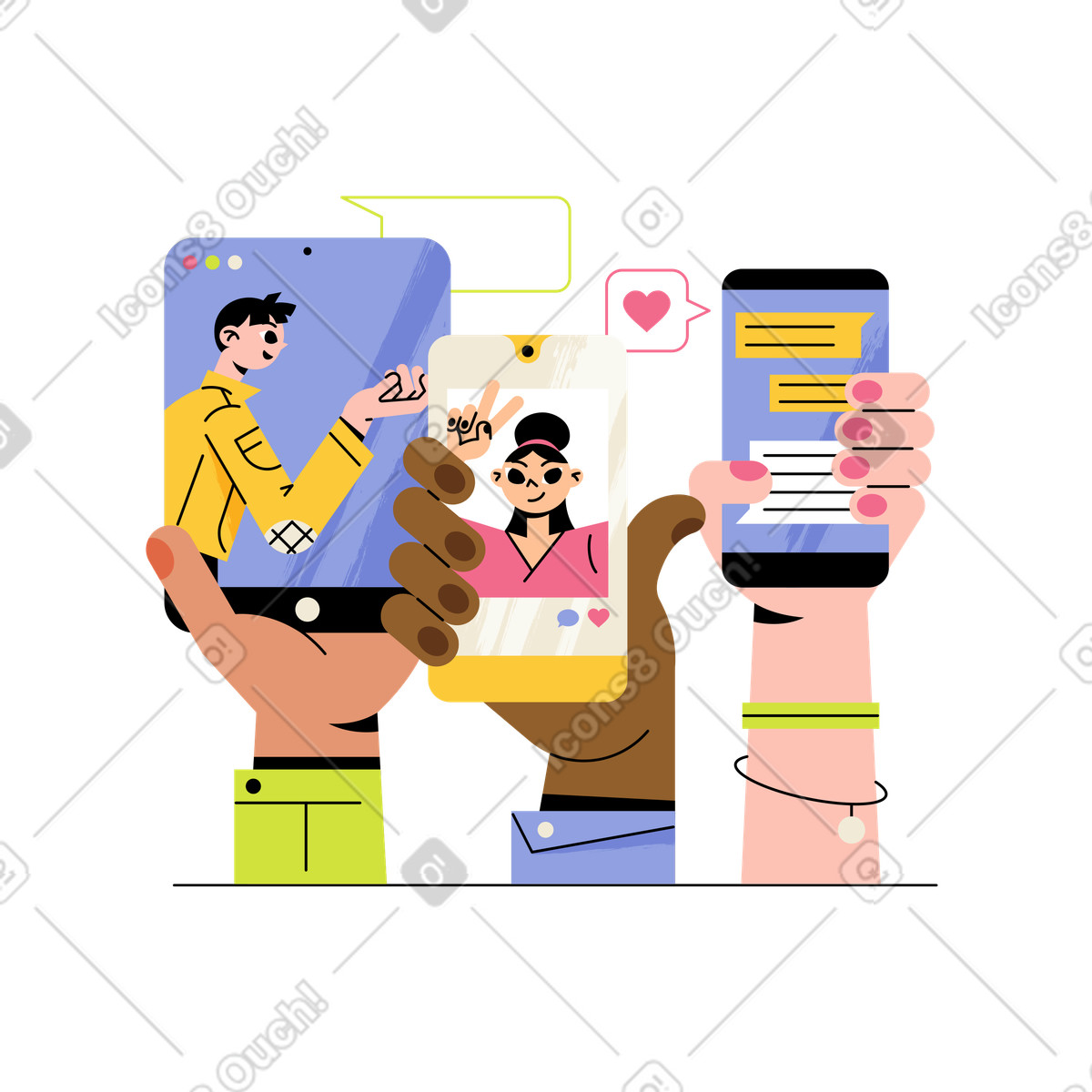 Three hands with gadgets showing messages and photos, Social media engagement messaging animated illustration in Juicy style download in GIF, Lottie (JSON), AE