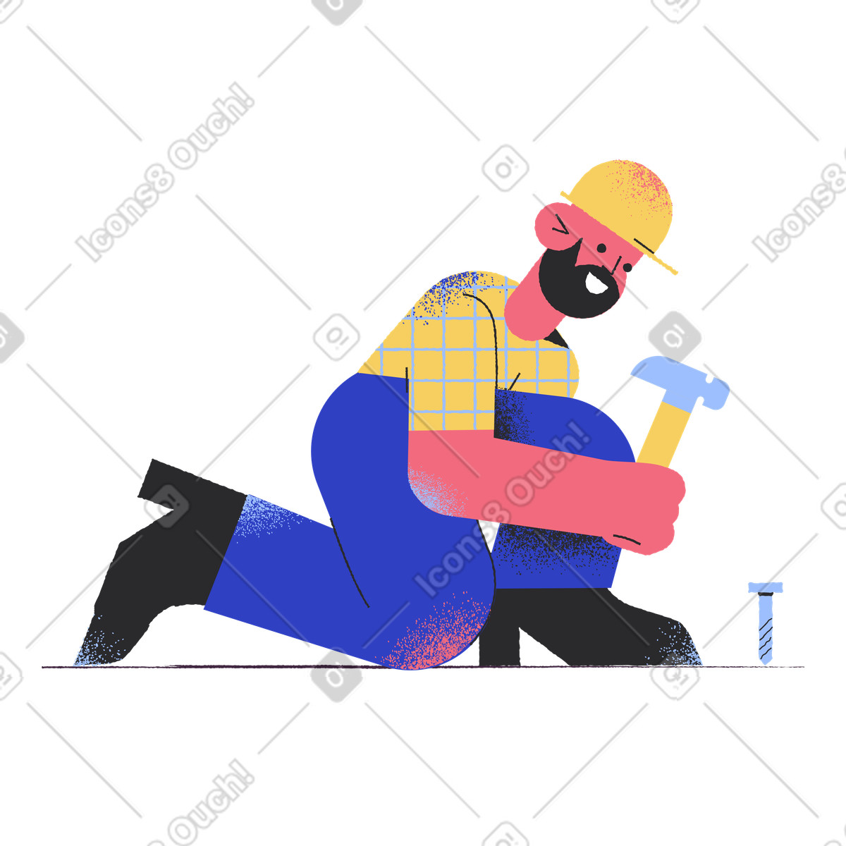 Carpenter in hard hat hammering nail illustration Pablo style download PNG, SVG